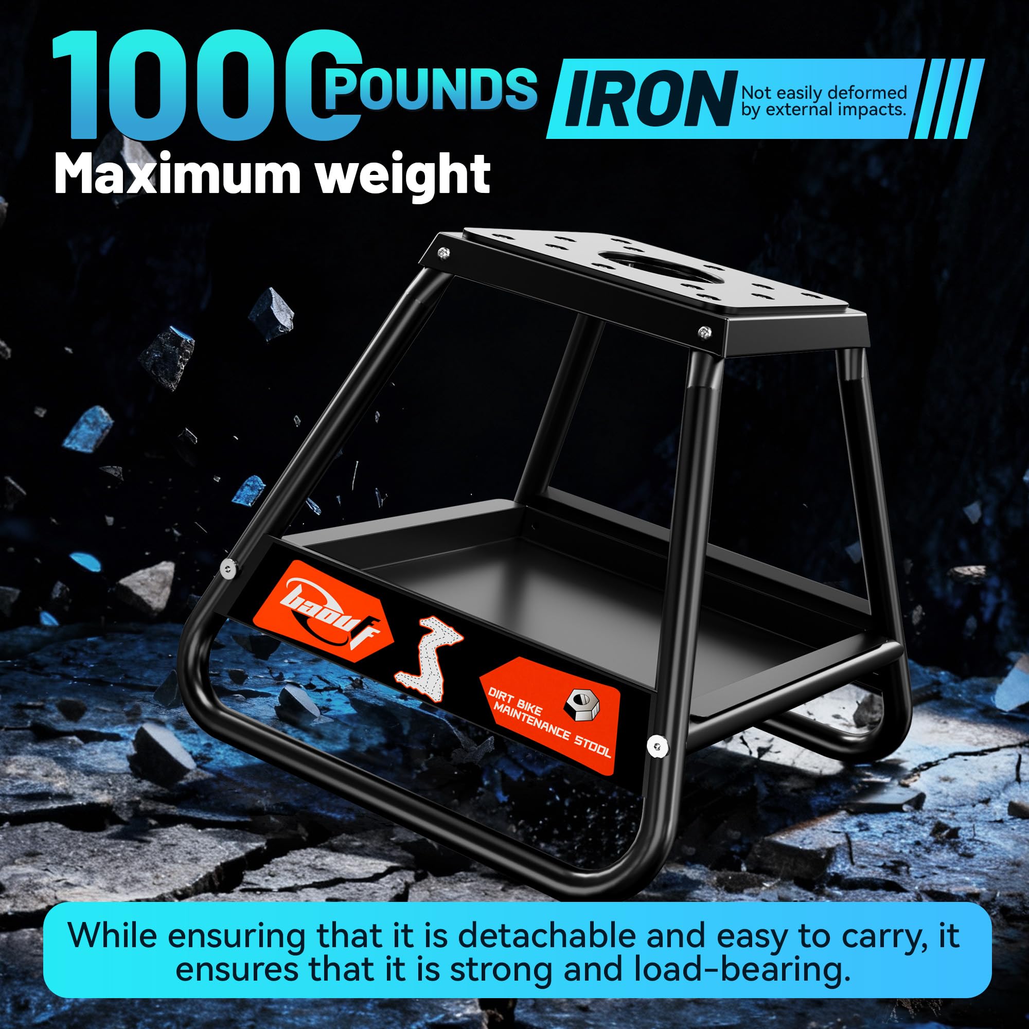 BAOUFF 600lbs-capacity stand supports dirt bikes securely during maintenance.