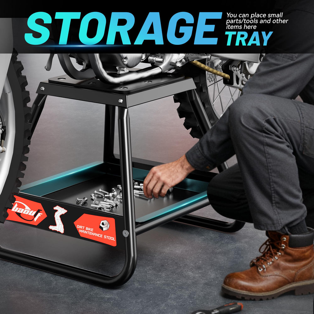 BAOUFF dirt bike stand tool-tray shows organized storage for oils and tools.
