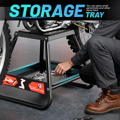 BAOUFF dirt bike stand tool-tray shows organized storage for oils and tools.