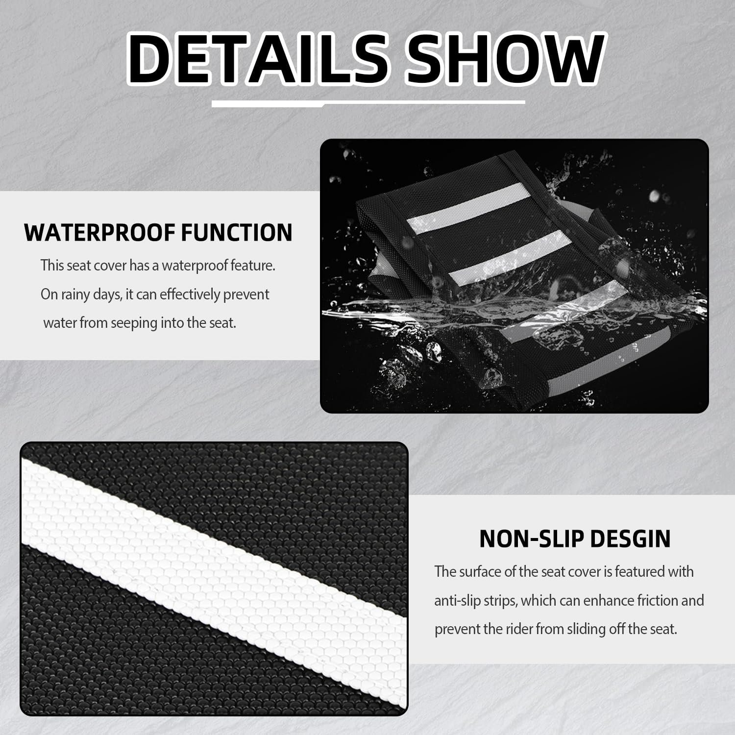 BAOUFF seat cover with non-slip strips providing secure grip on rough terrain.