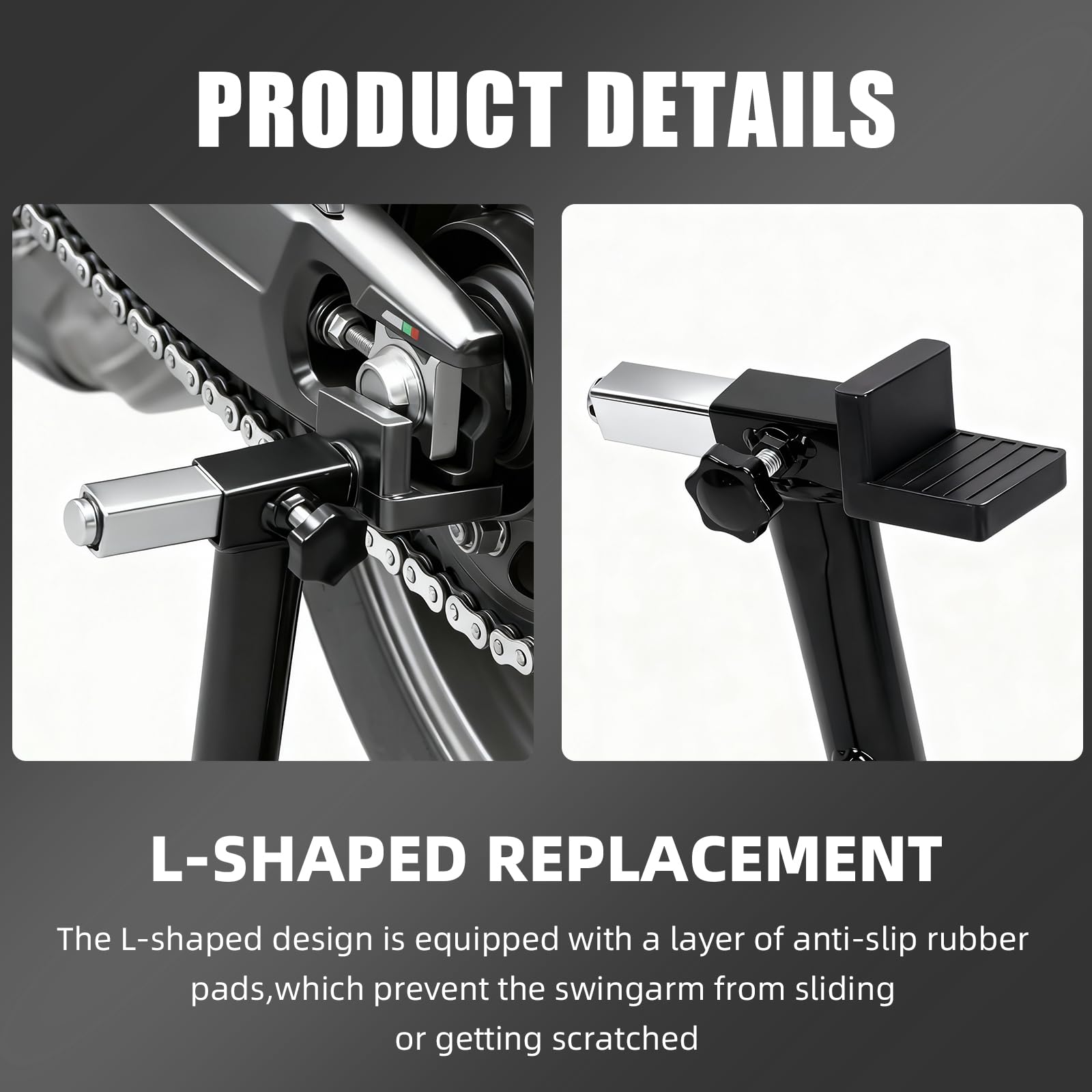 BAOUFF U-shaped adapter pair secures motorcycle frame during wheel lift.
