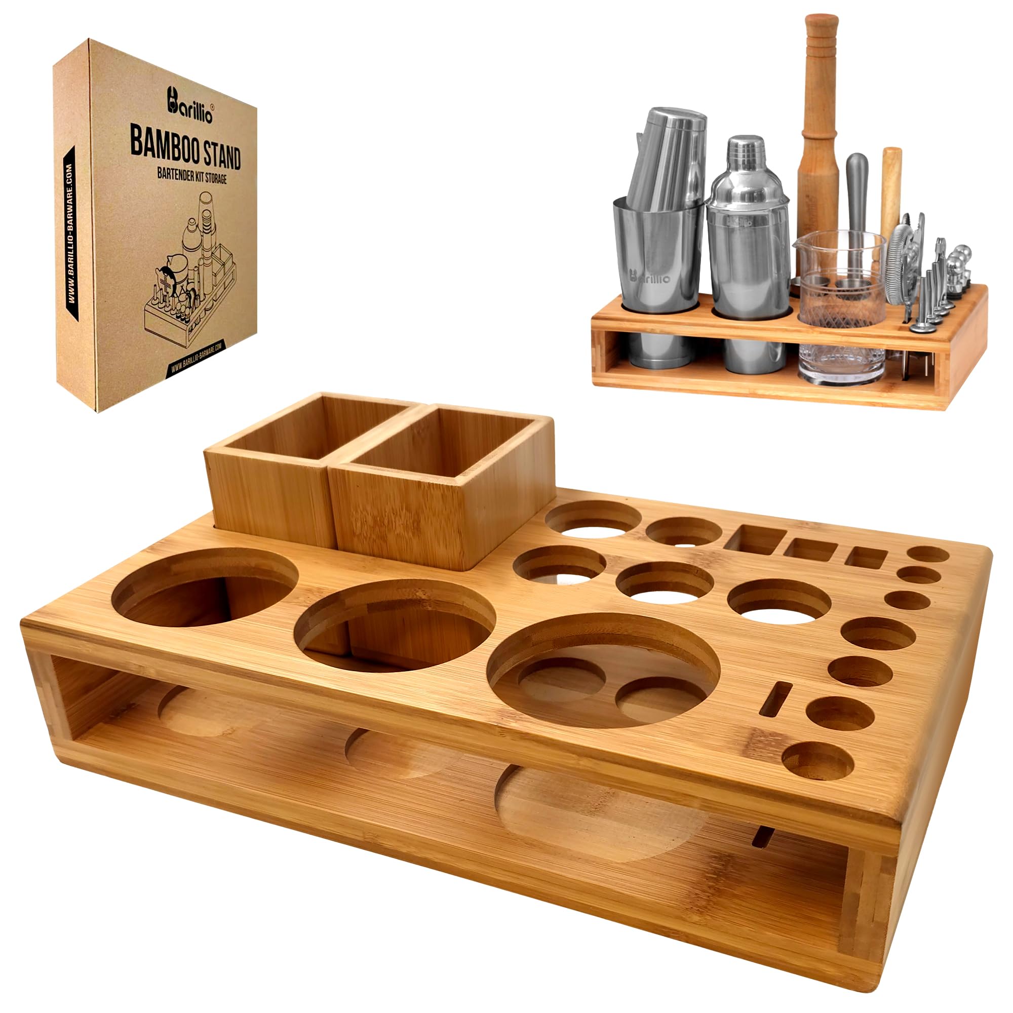 Barillio Bamboo Stand for Bartender Kit Storage keeps tools organized on the kitchen counter.