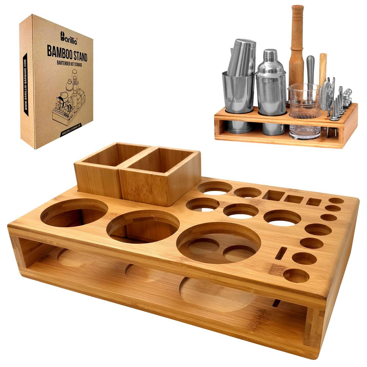 Barillio Bamboo Stand for Bartender Kit Storage keeps tools organized on the kitchen counter.