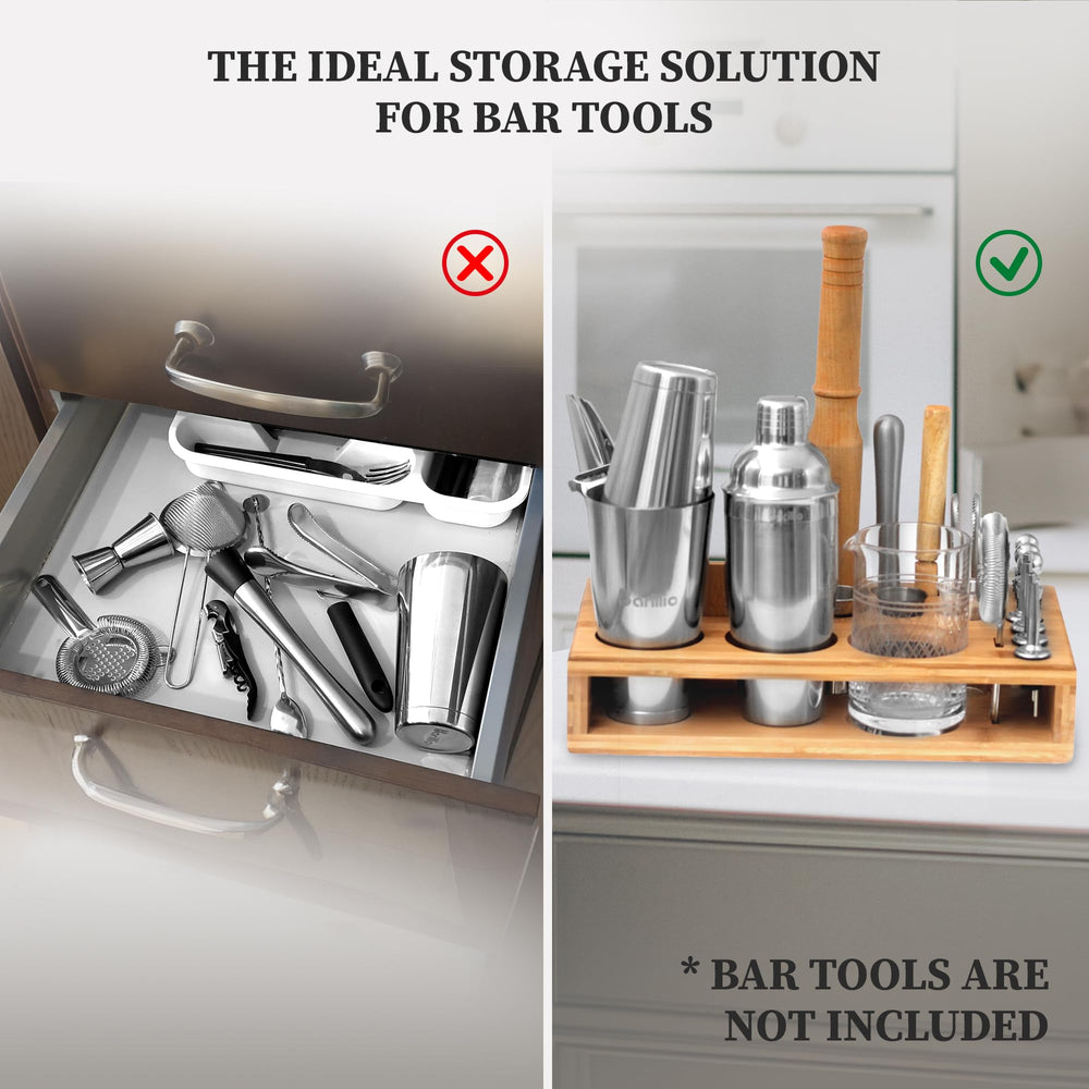 Barillio Bamboo Stand pairs well with Barillio Complete Bar Tool Set.