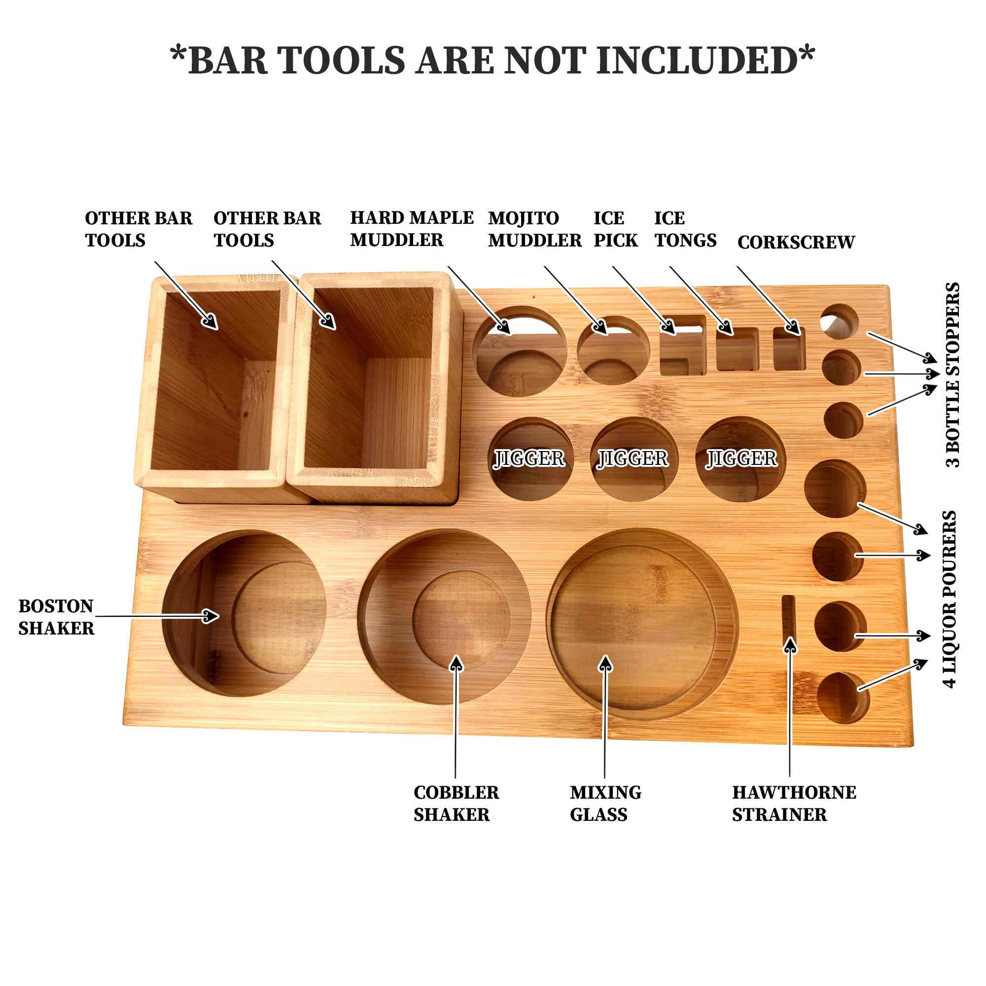 Barillio Bamboo Stand with designated utensil holders for easy access during home bar prep.