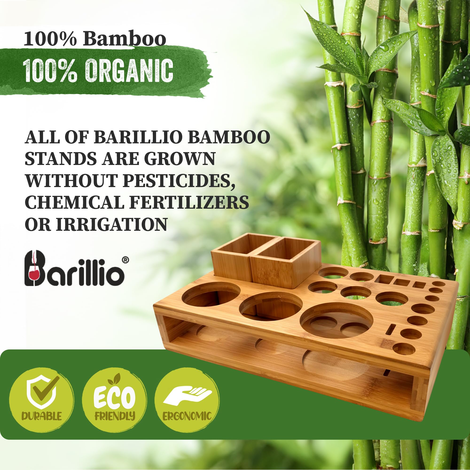 Barillio Bamboo Stand keeps essentials within reach on home bar countertops.