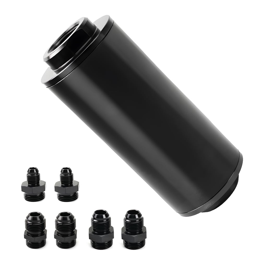 BARTOO universal inline fuel filter with 100 micron filtration visible in black finish.
