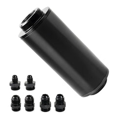 BARTOO universal inline fuel filter with 100 micron filtration visible in black finish.