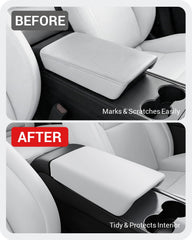 BASENOR armrest cover for Tesla Model Y with logo-free surface preserves minimal interior.