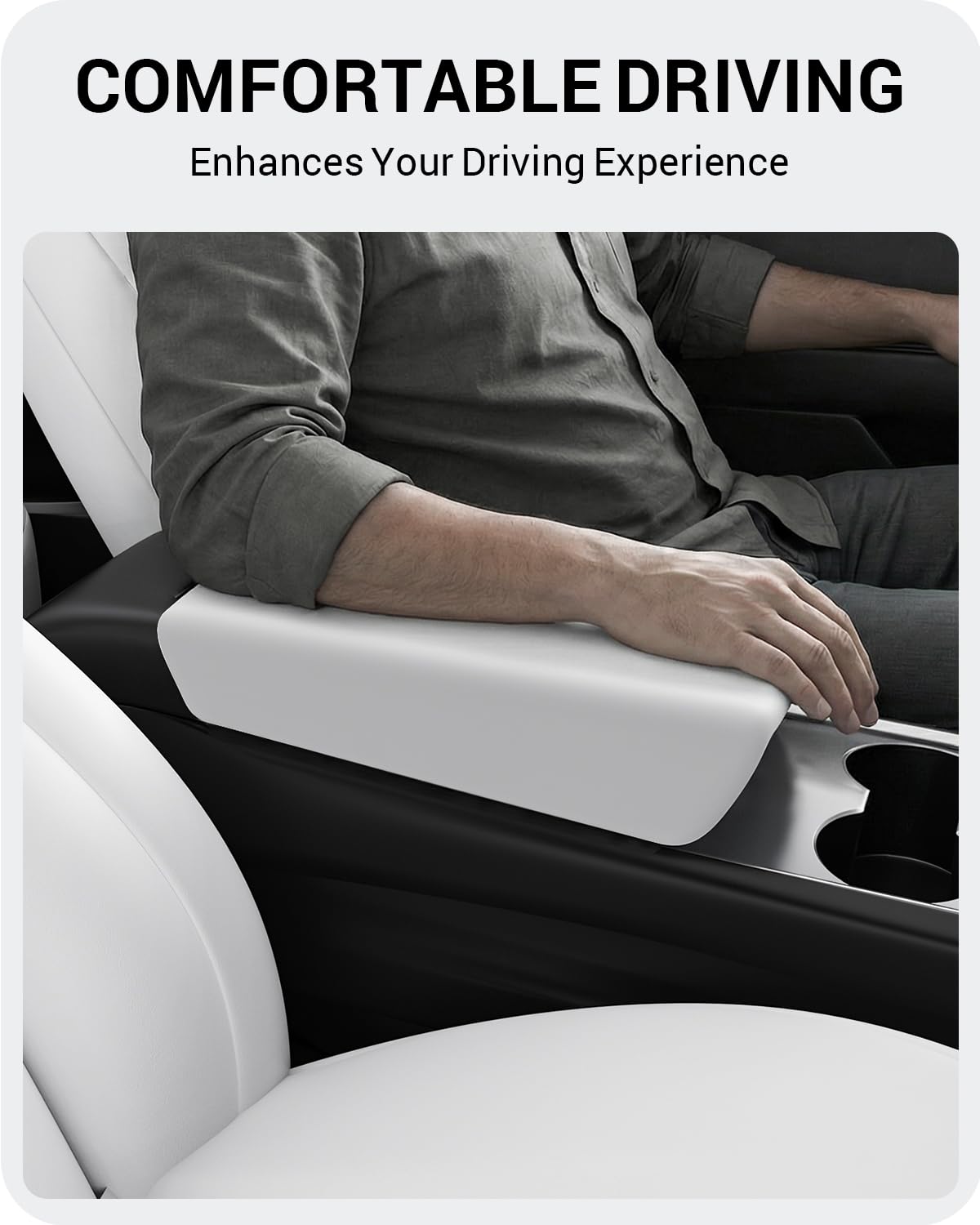 BASENOR armrest cover for Tesla Model Y protects vegan leather from scratches.