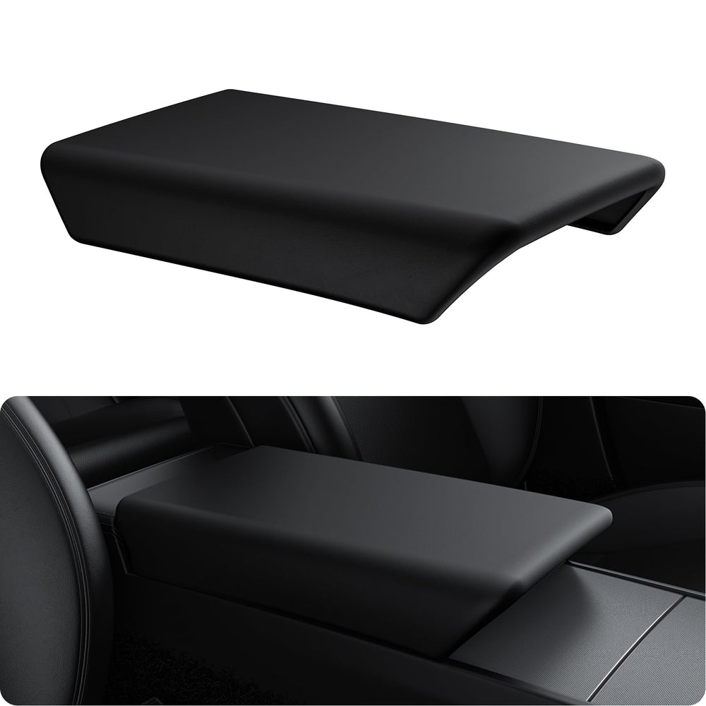 BASENOR center console cover on Tesla Model Y Juniper, precise fit protects vegan leather from wear.