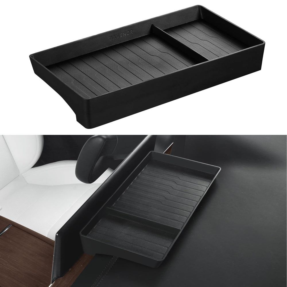 Basenor center-console organizer behind screen for Tesla models keeps essentials within easy reach.