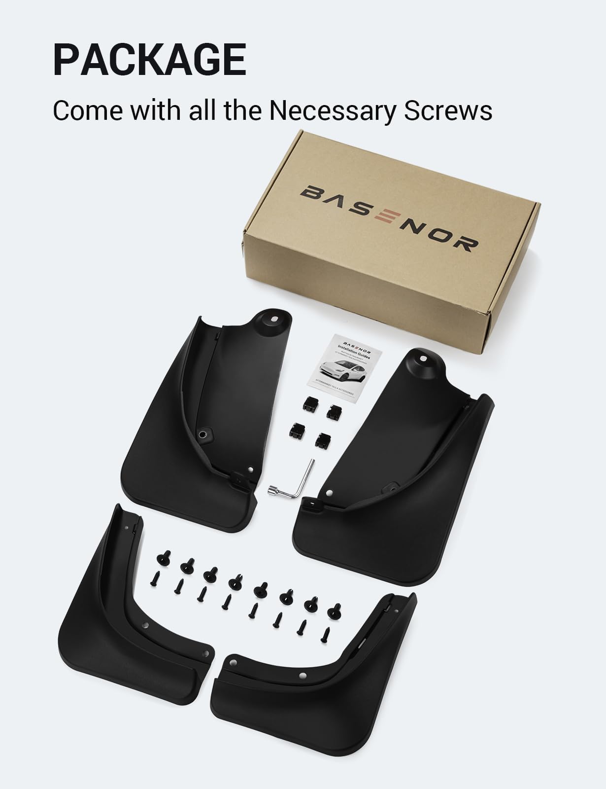 BASENOR four-pack mudflaps set ready for 2020–2024 Model Y