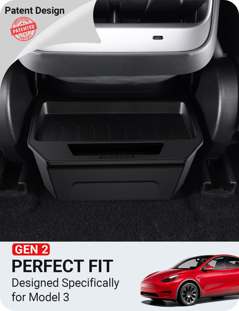 BASENOR Model 3 backseat organizer tray neatly stores cups and devices.