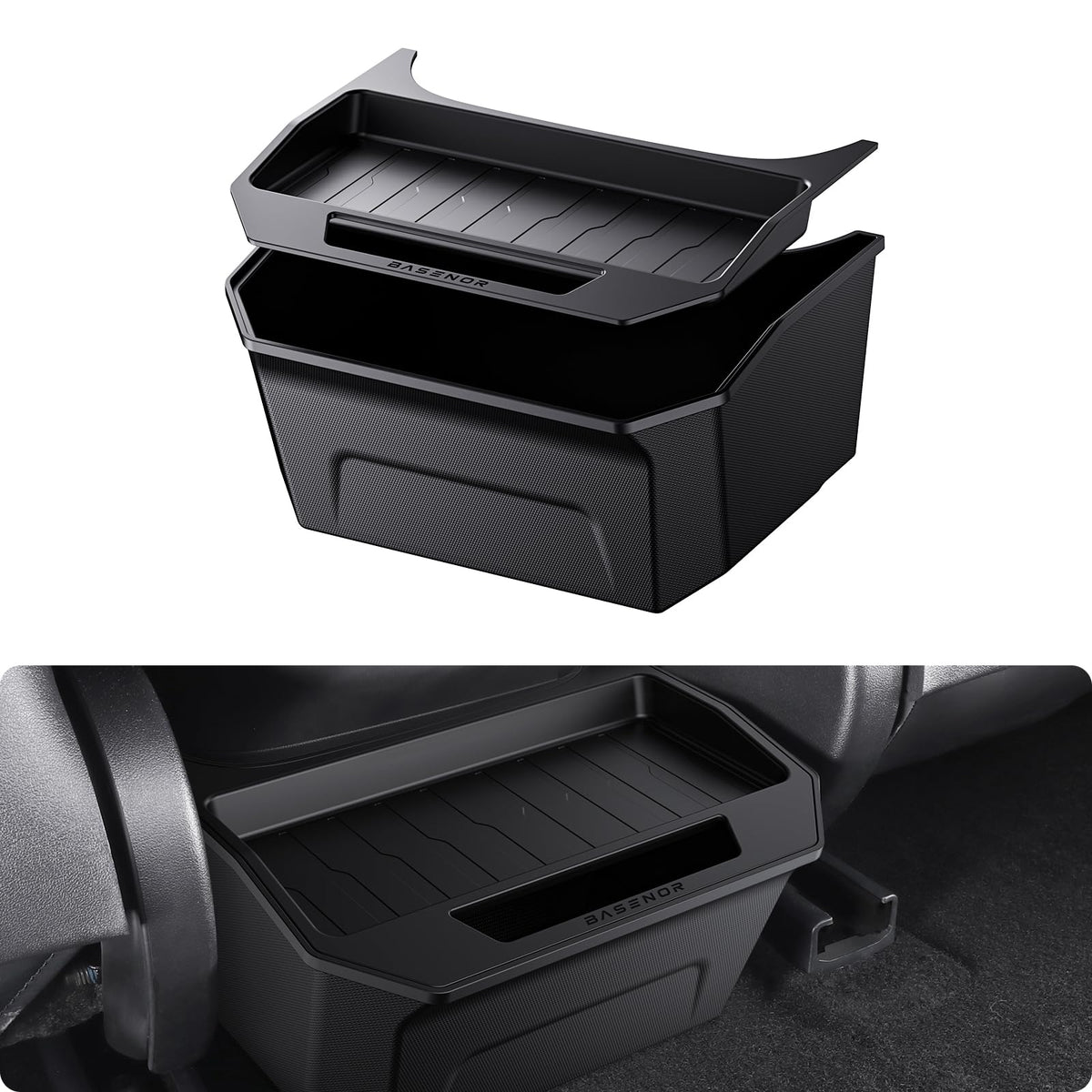 BASENOR Model 3 rear-seat storage box lid keeps items organized and secure.