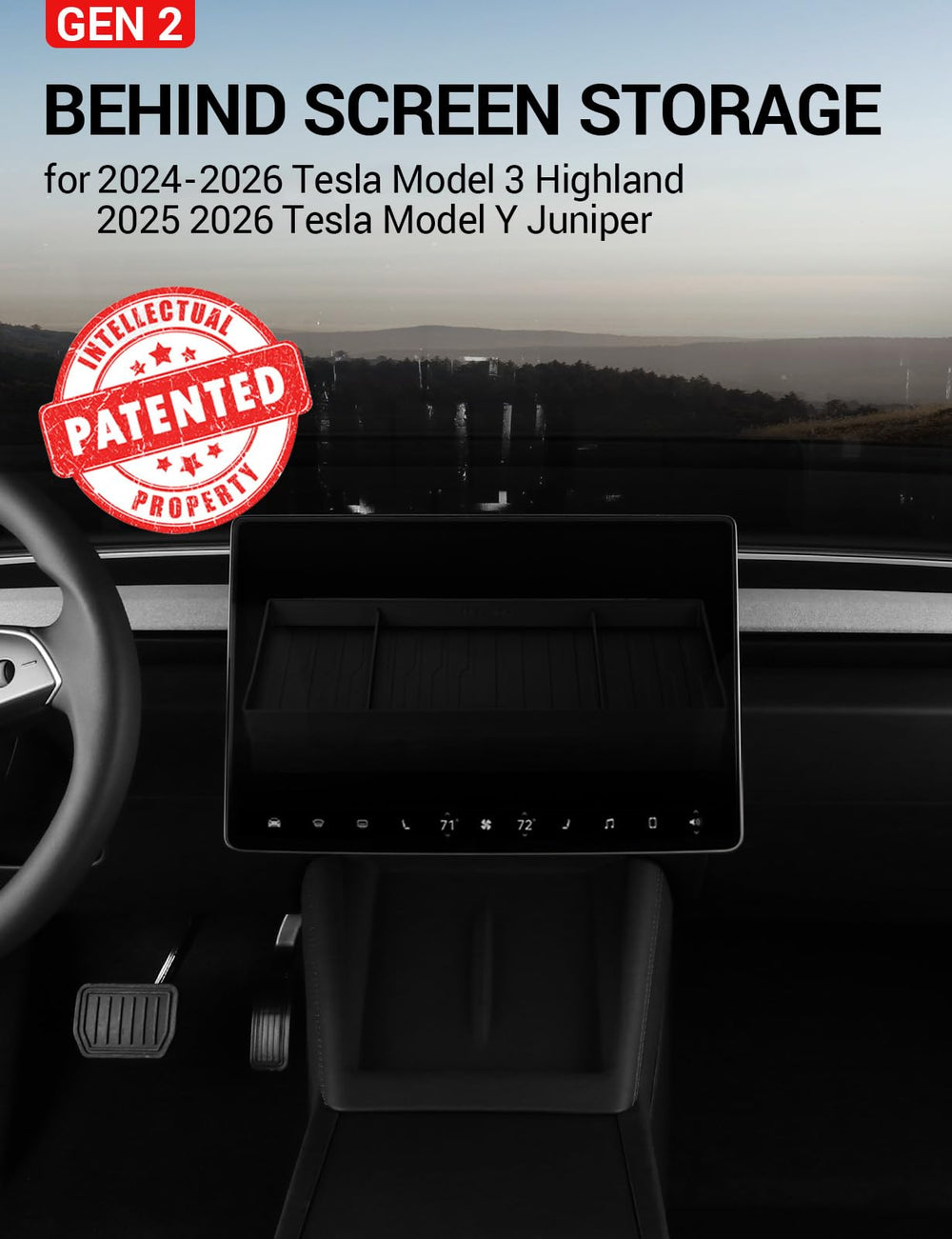 Basenor Model Y tissue holder behind screen for clutter-free cabin.