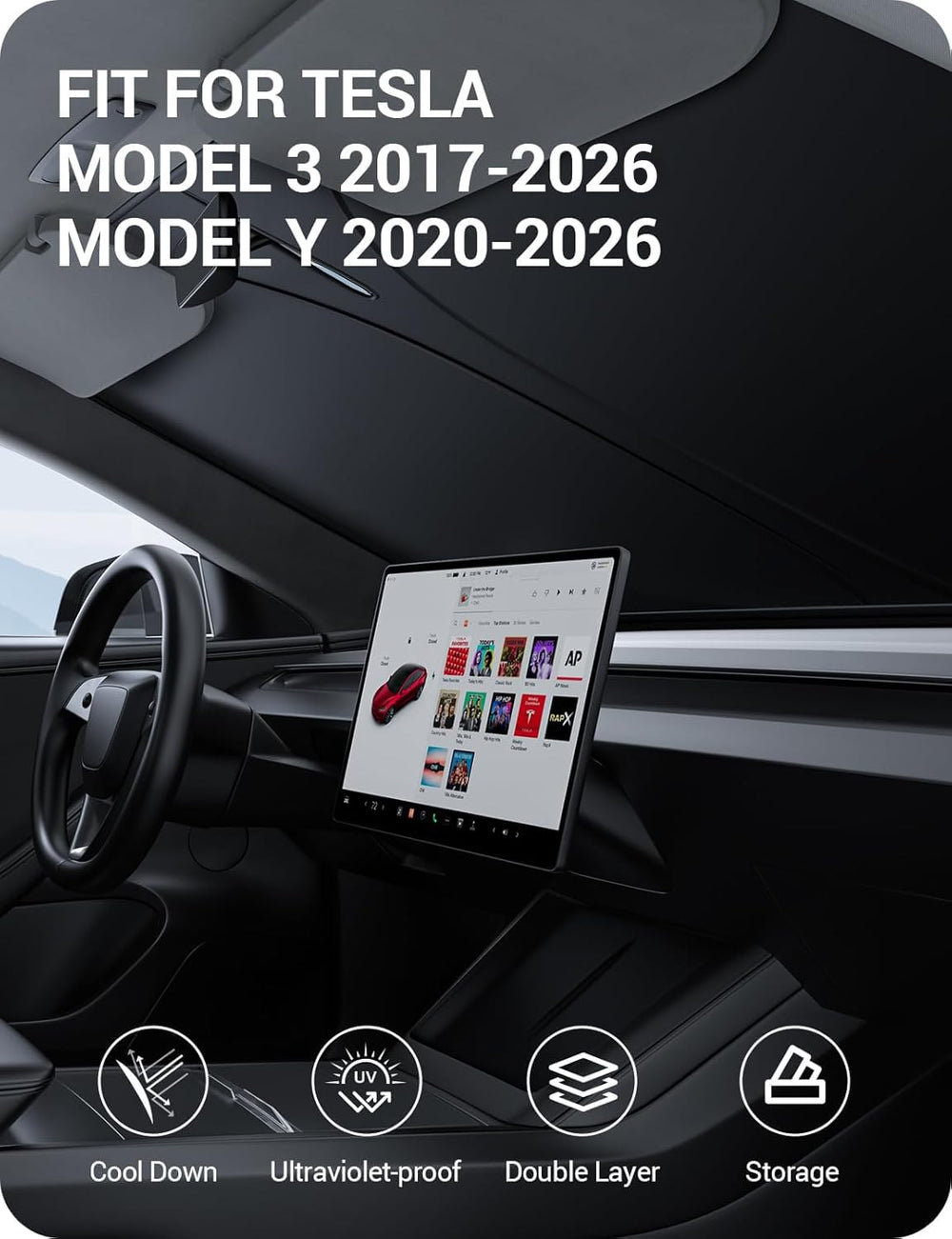 Basenor Model 3 front windshield sunshade blocks sun and reduces interior heat.