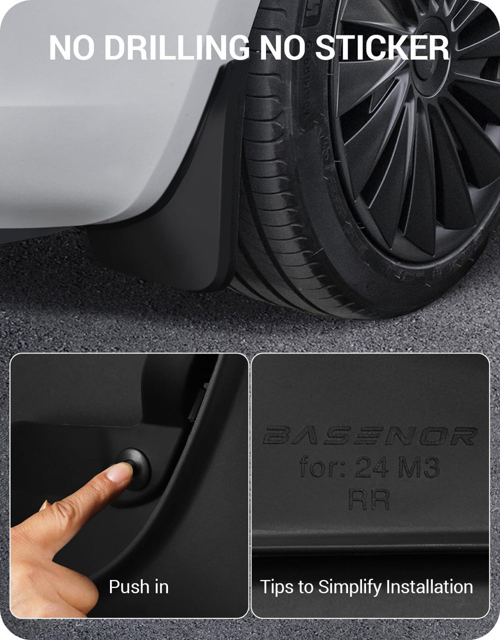 BASENOR Highland mud flaps use durable PP+TPE material for all-weather protection.