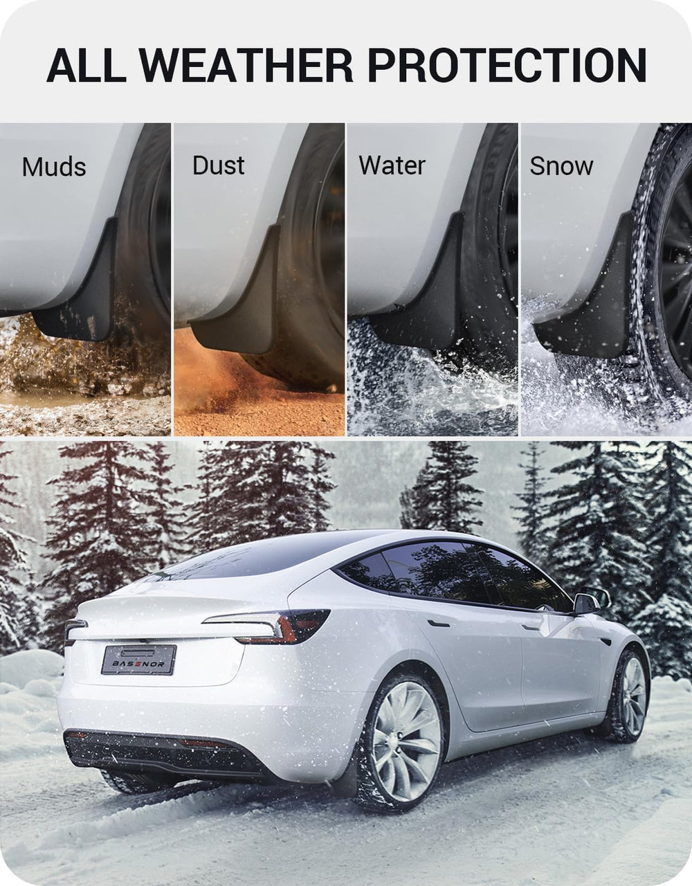 BASENOR mud flaps for Model 3 Highland provide quick, DIY installation with included hardware.