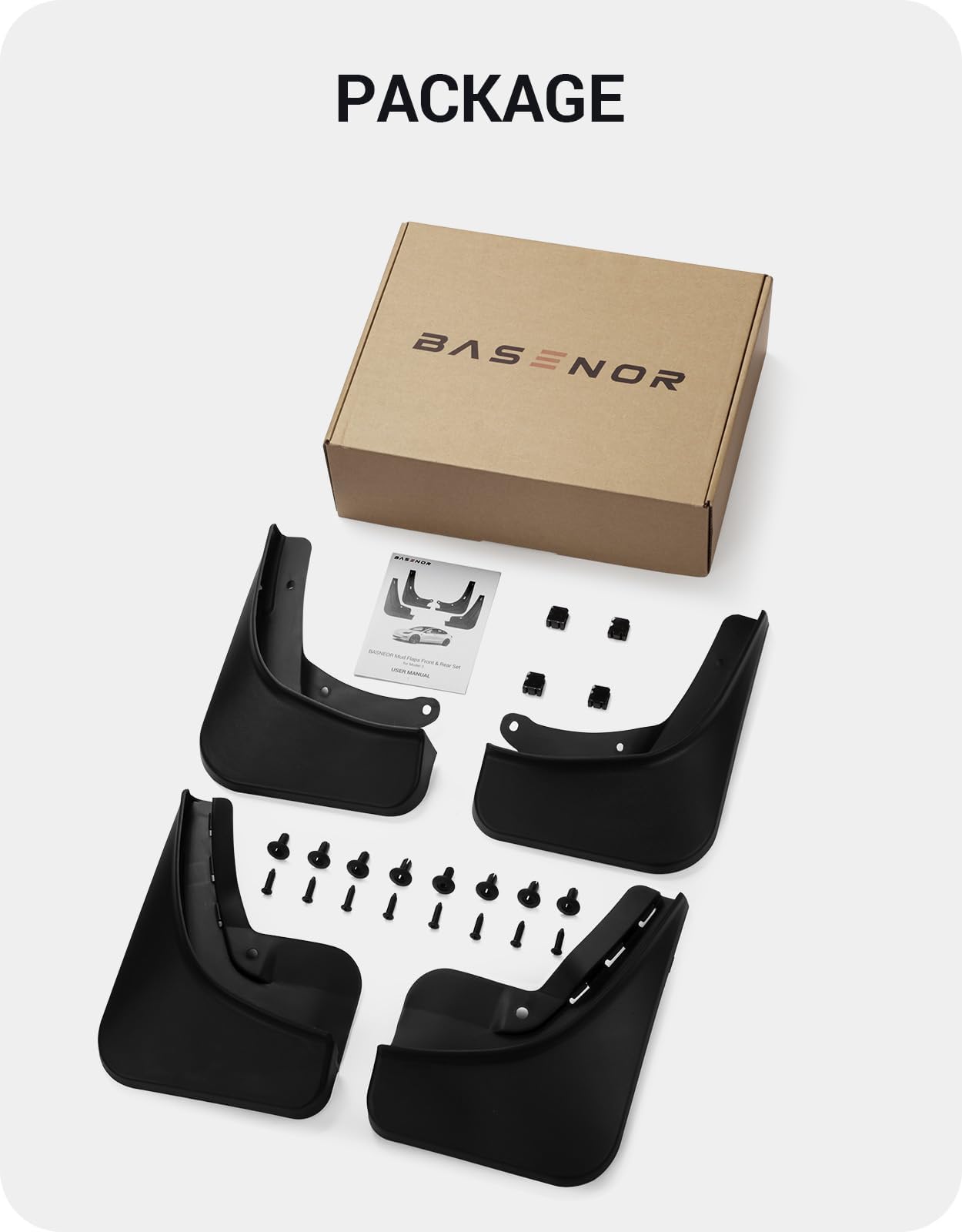 BASENOR mud flaps add a rugged, protective look to Model 3 Highland.