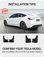 BASENOR mud flaps for Model 3 Highland enable no-drill installation for a mark-free look.