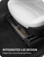 Basenor no-slip secure-fit design anchoring to Model Y seat rails during travel