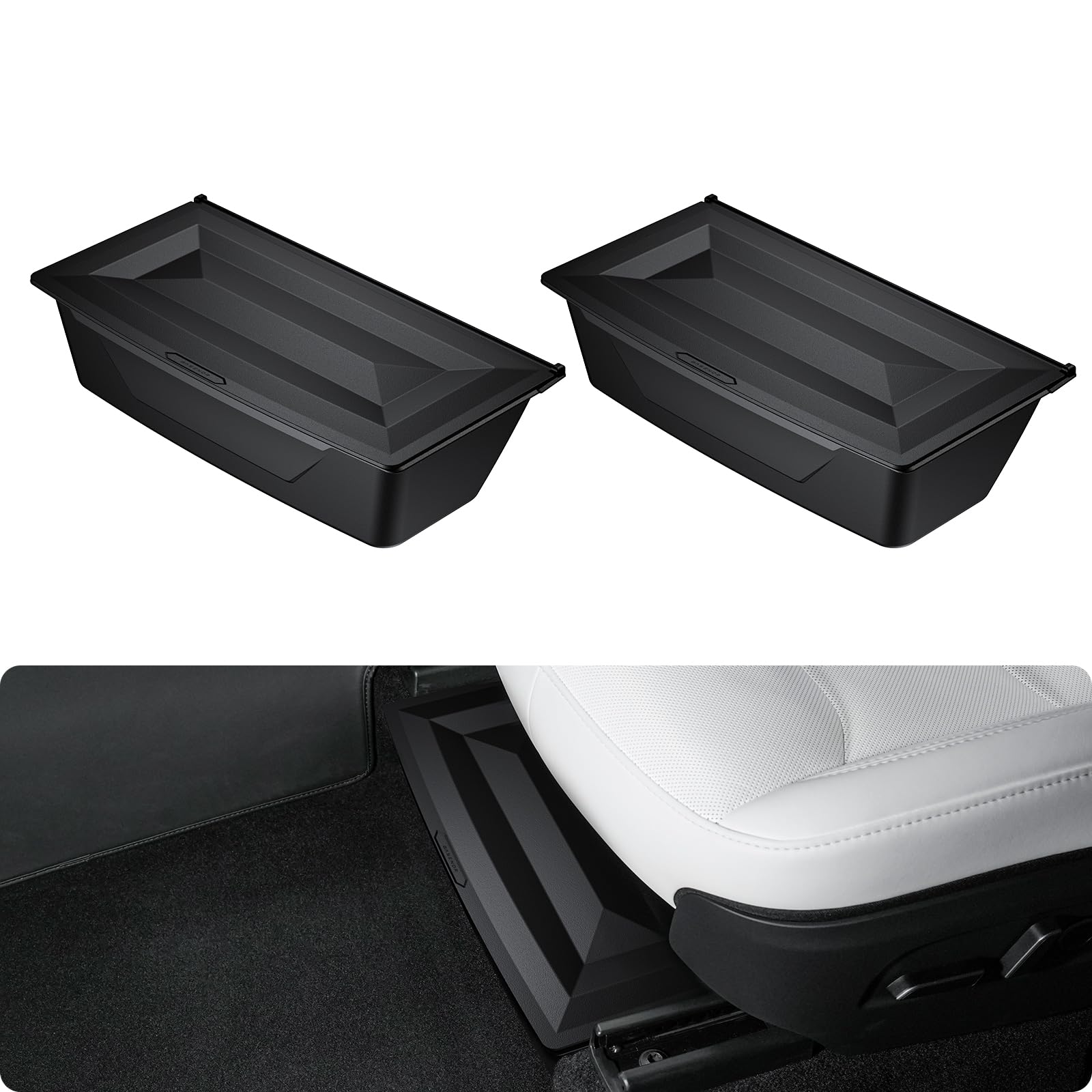 Basenor under-seat storage box neatly installed under Model Y Juniper for organized essentials