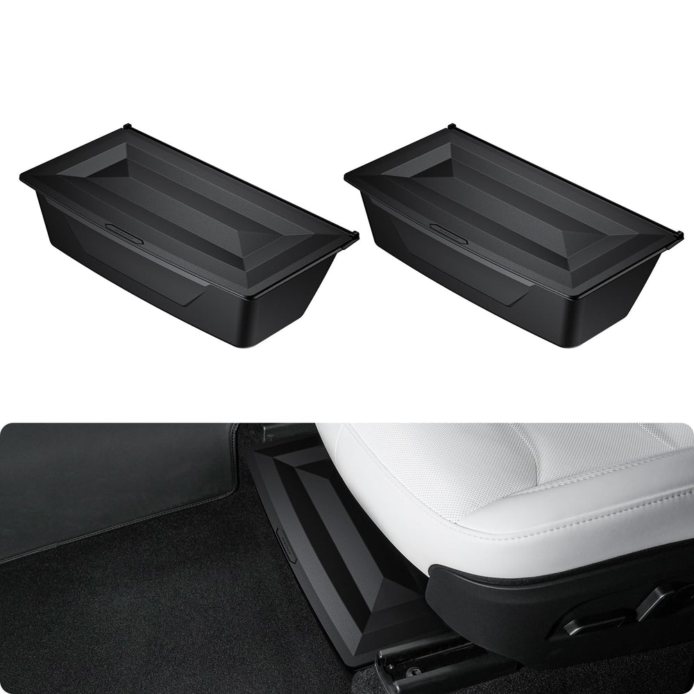 Basenor under-seat storage box neatly installed under Model Y Juniper for organized essentials