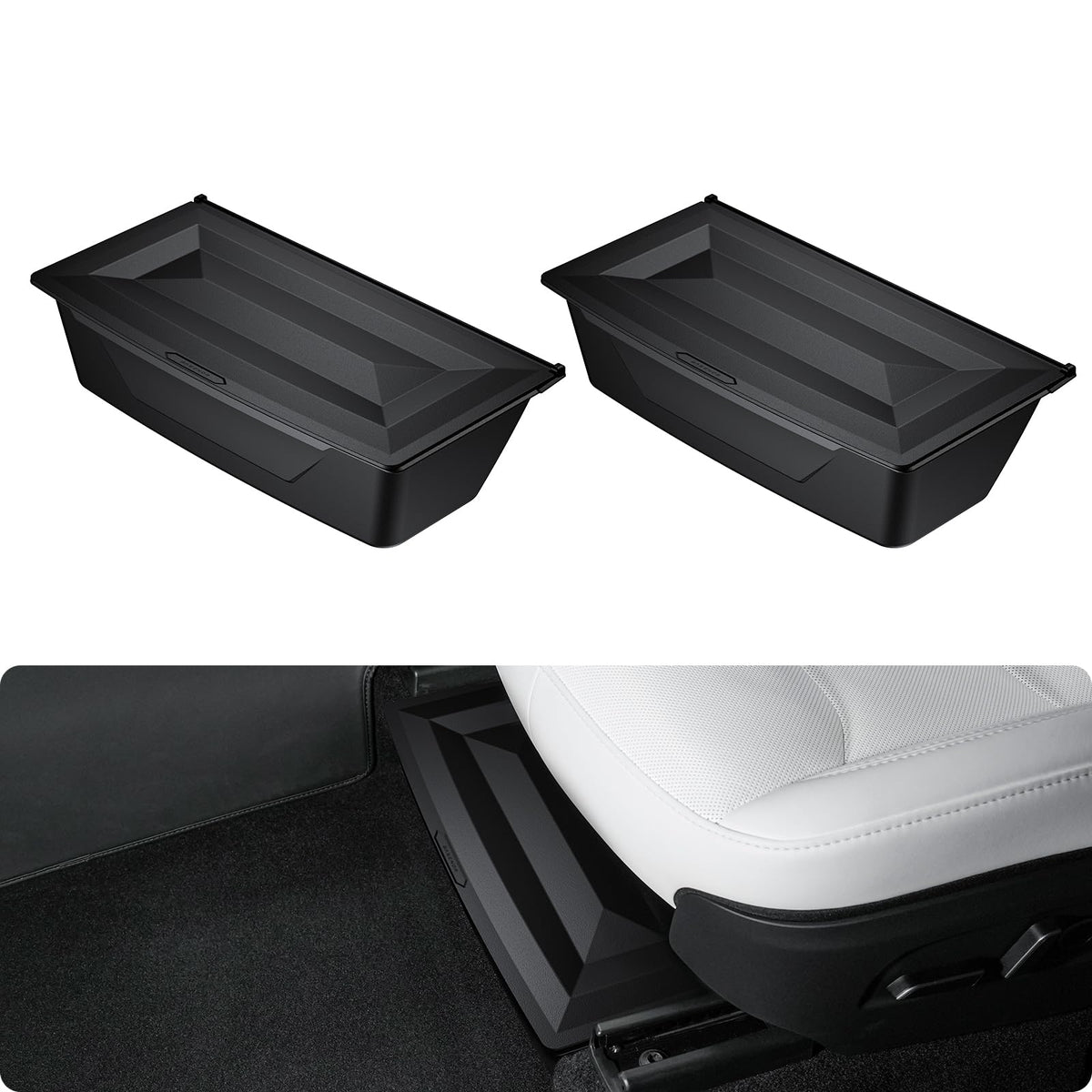 Basenor under-seat storage box neatly installed under Model Y Juniper for organized essentials
