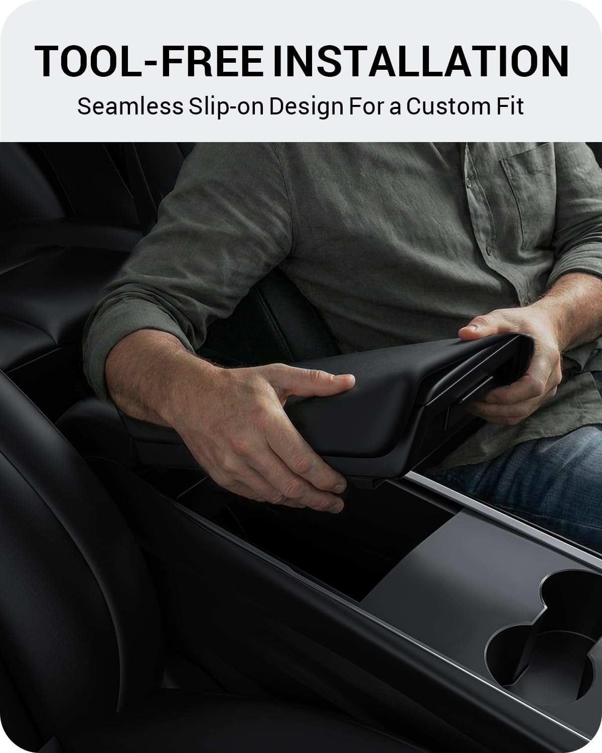 BASENOR Tesla Model Y Model 3 armrest-cover detail highlights premium look.