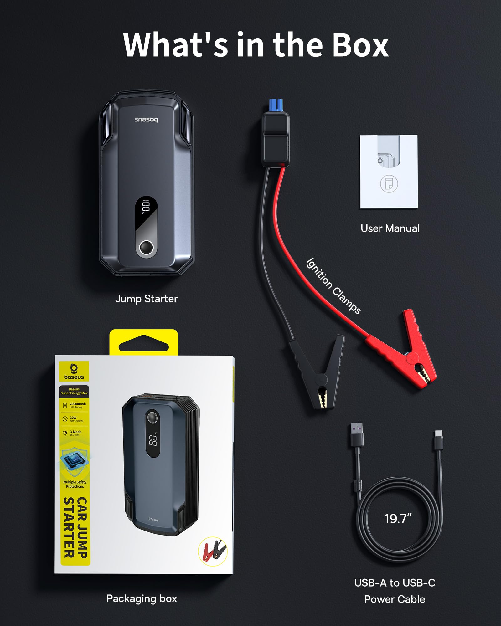 Baseus 8000A Jump Starter USB-C and USB-A ports.