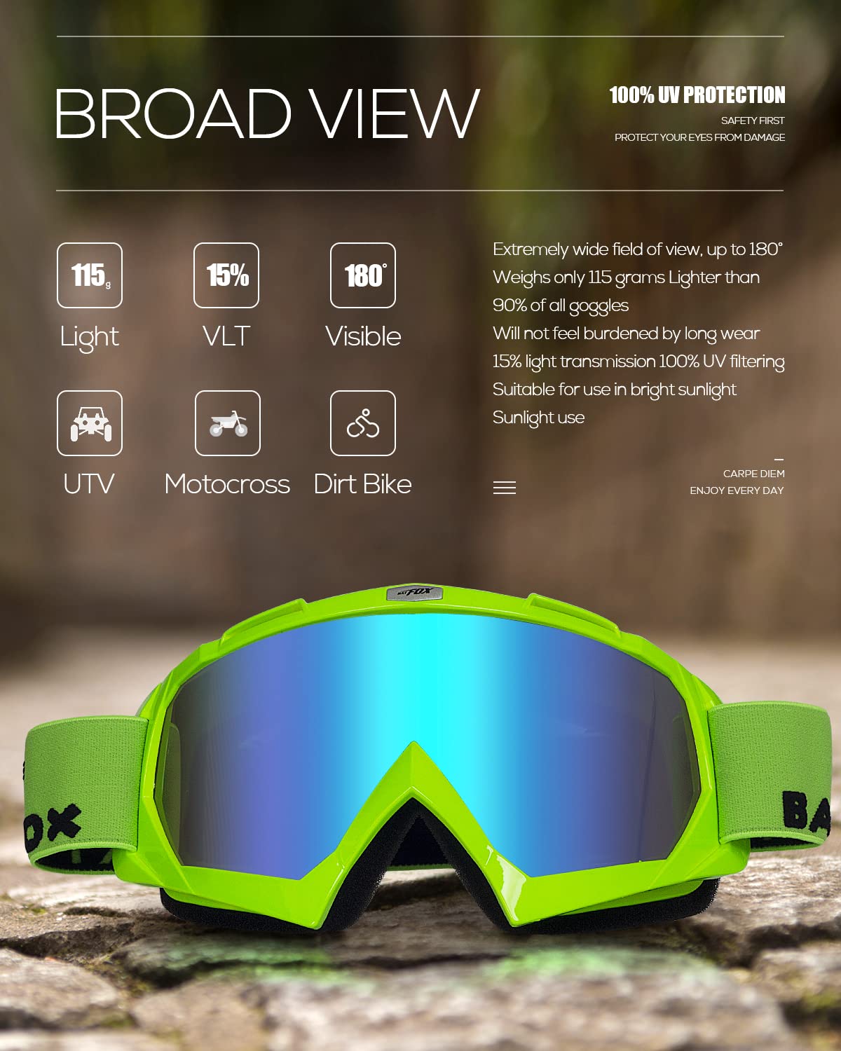 BATFOX bendable frame storage keeps goggles compact in the included bag.