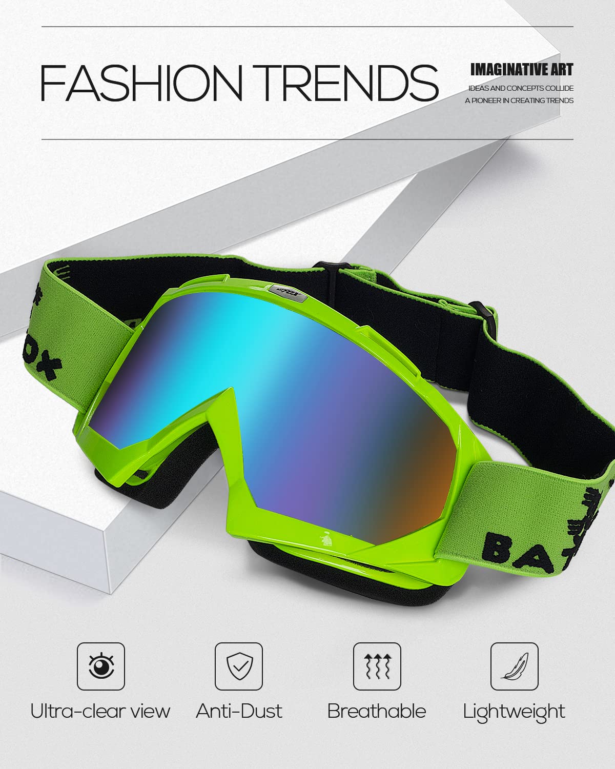 BATFOX dirt bike goggles lens enhances clarity and protects eyes from wind.