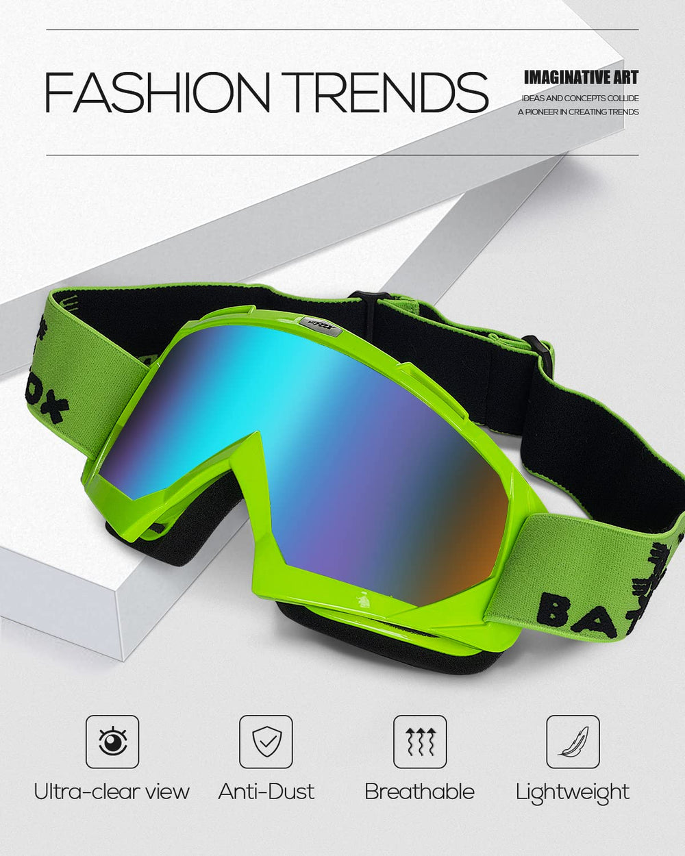 BATFOX dirt bike goggles lens enhances clarity and protects eyes from wind.