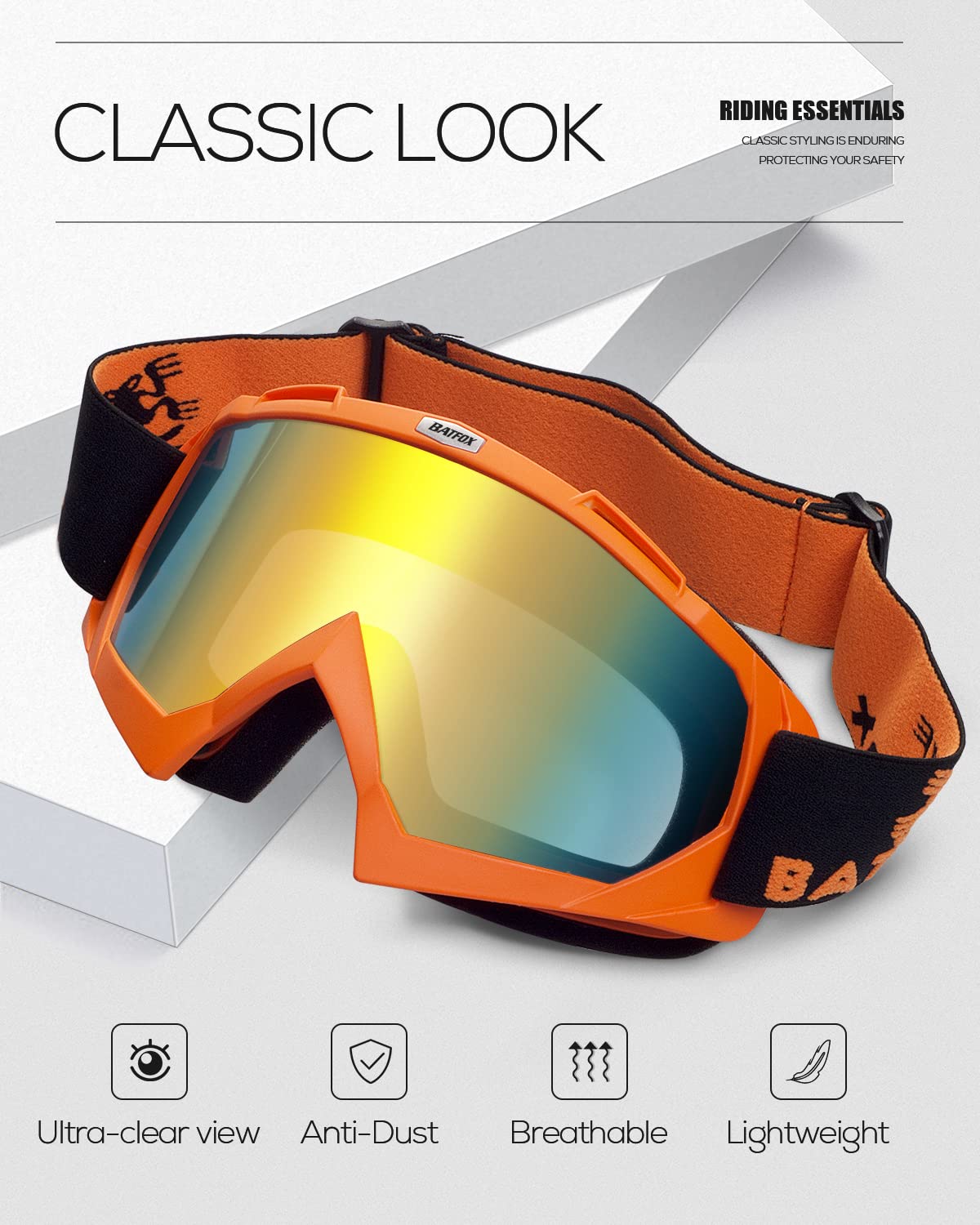 BATFOX PC lenses provide clear visibility while shielding from wind and dust.