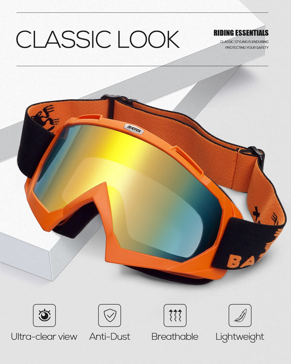 BATFOX PC lenses provide clear visibility while shielding from wind and dust.