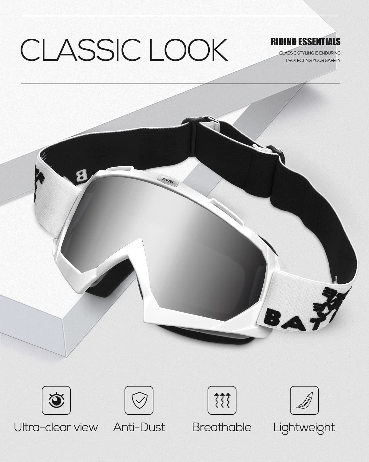 BATFOX goggles with PC lenses deliver clear vision while resisting debris.