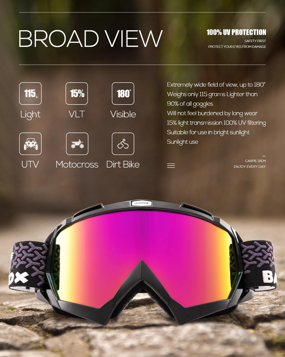 BATFOX REVO lens version reduces glare for sunny rides.