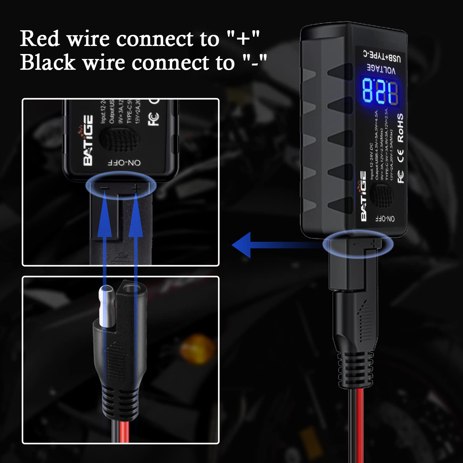 BATIGE LED voltmeter display shows charging voltage for monitoring.