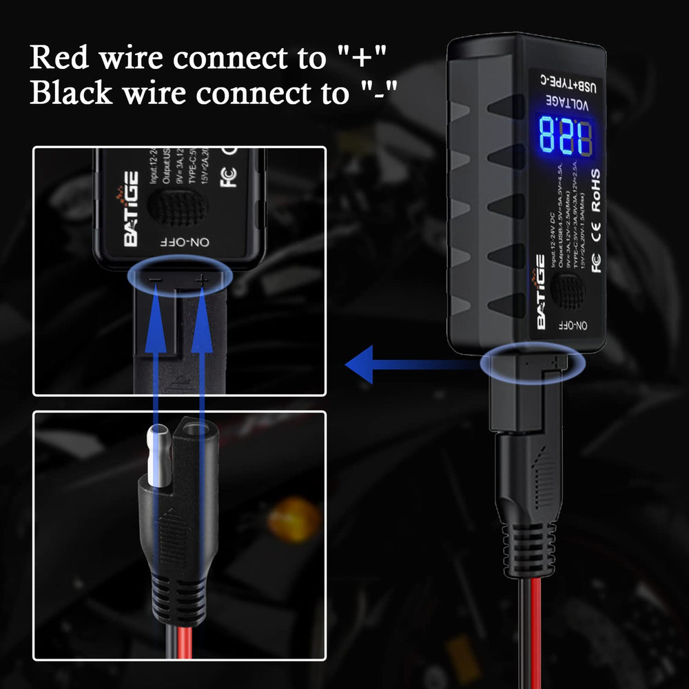 BATIGE LED voltmeter display shows charging voltage for monitoring.
