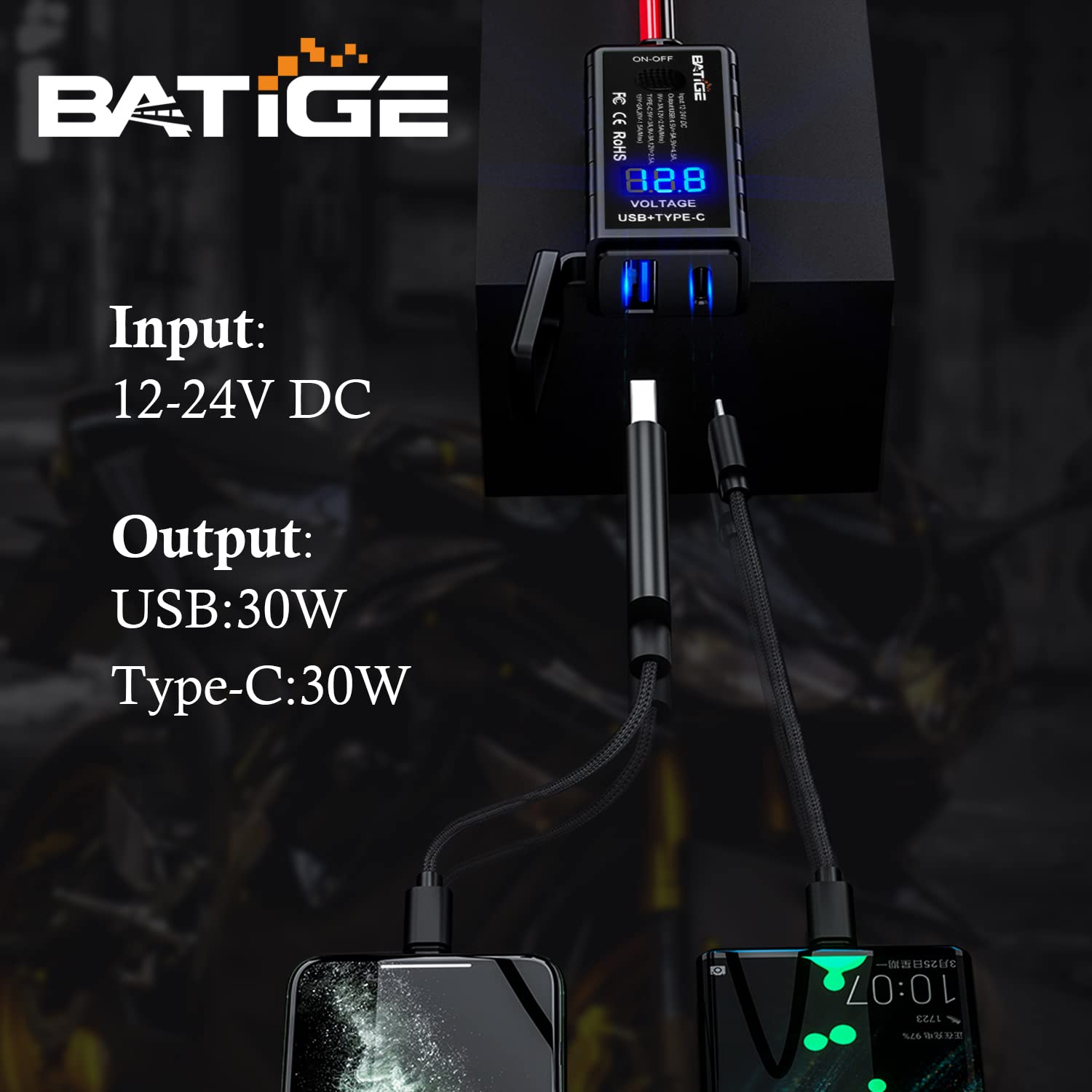 BATIGE ON/OFF switch keeps battery drain in check when unused.