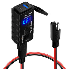 BATIGE SAE quick-release charger on motorcycle enabling fast dual USB charging.