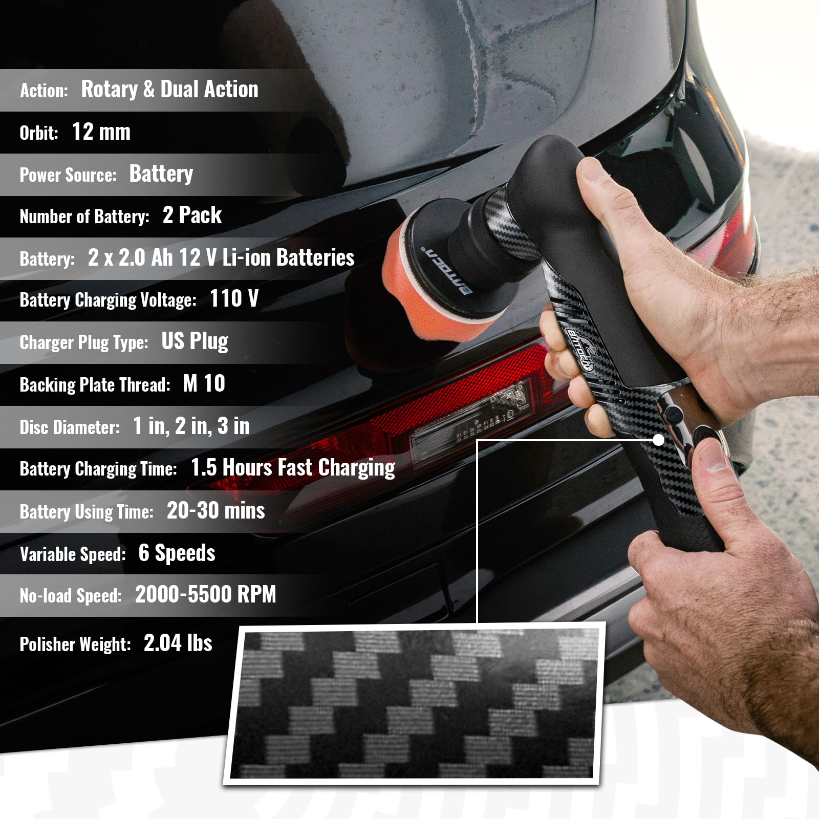 BATOCA S5 cordless polisher with 2-inch pad for mid-size panels and efficient buffing