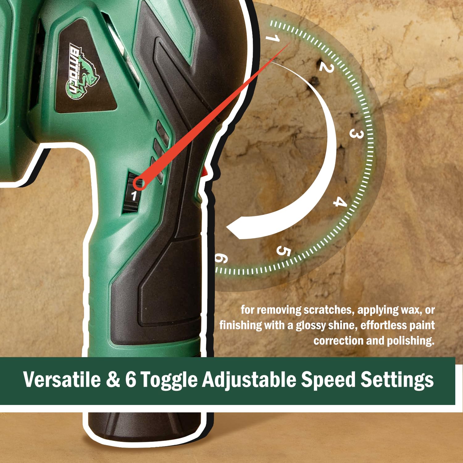 Batoca six-speed control delivers precise finishes for wax or sealant work.