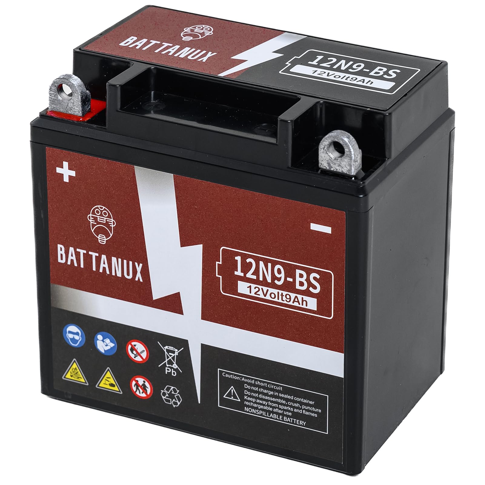 Battanux 12N9-BS battery front view showing compact 12V9Ah design for ATV power.