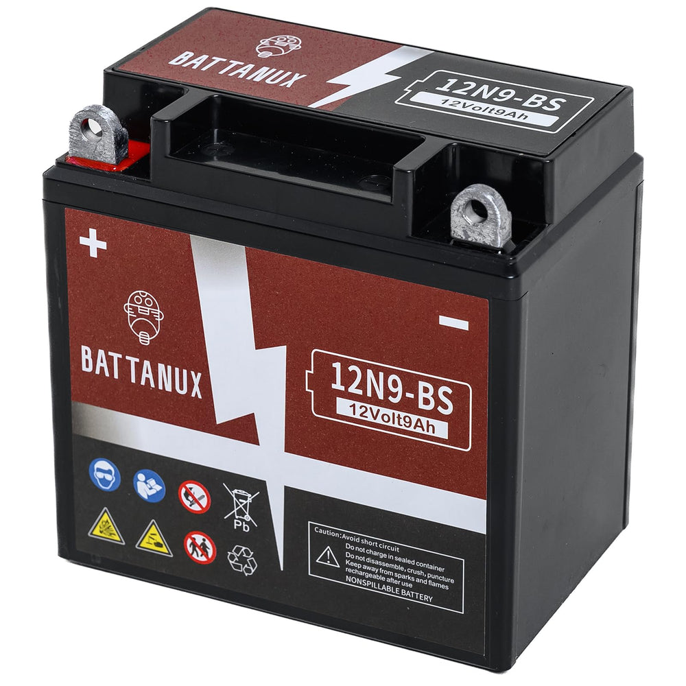 Battanux 12N9-BS battery front view showing compact 12V9Ah design for ATV power.