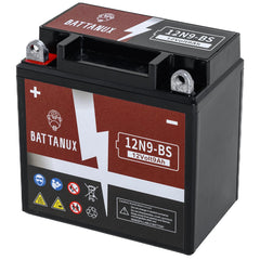 Battanux 12N9-BS battery front view showing compact 12V9Ah design for ATV power.
