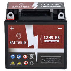 Battanux 12N9-BS battery side profile highlighting slim form for UTV installation.