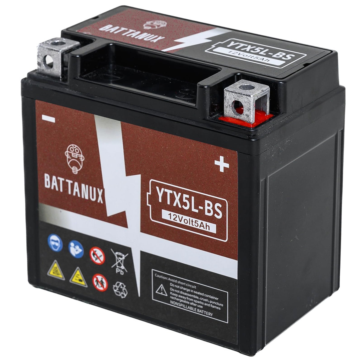 Battanux YTX5L-BS front view battery showing compact 12V5Ah design for motorcycles.