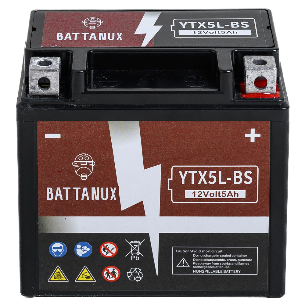 Battanux YTX5L-BS side view highlighting maintenance-free sealed AGM construction.